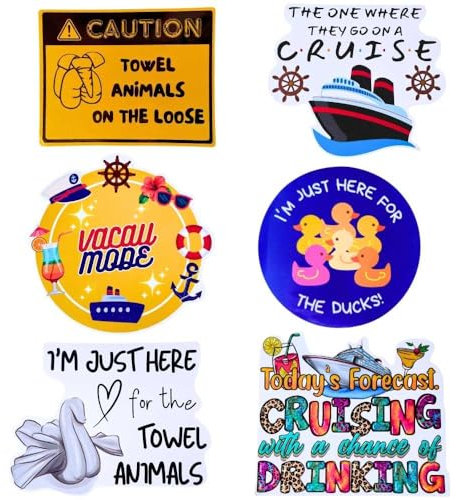 YJ PREMIUMS 6 PC Funny Cruise Ship Door Magnets Decorations Magnetic for Fun Party Cabin Fridge Happy Anniversary Honeymoon Drink Package Cruising Sign for Ducks Towel Animals On Loose Forecast