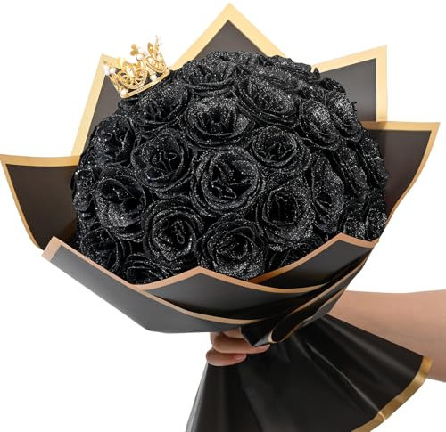 Waipfaru Schwarzer Glitzer-Rosenstrauß, DIY Gefälschte Blumen Blumenstrauß, Immerwährender Glänzender Künstlicher Rosenstrauß für Valentinstag, Jahrestag, Verlobung, Hochzeit, 36 Rosen