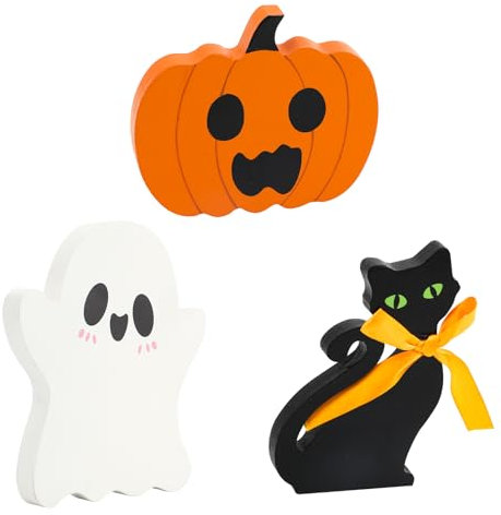 3 Pezzi Cartelli Centrotavola in Legno di Halloween, Decorazione in Legno per Halloween Zucca Fantasma Gatto Nero Statue per Interni di Halloween Decorazioni per Feste Casa Tavolo