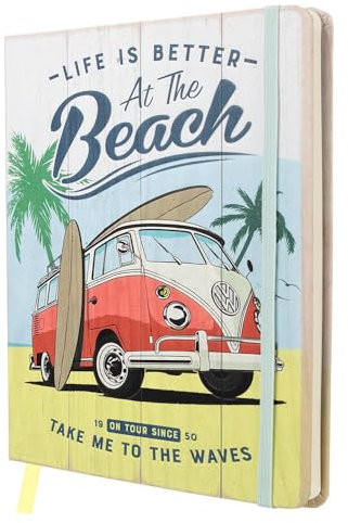 Nostalgic-Art Retro Notizbuch, A5, VW Bulli – Beach – Volkswagen Bus Geschenk-Idee, Original Lizenzprodukt (OLP), Bullet Journal dotted, Vintage Design