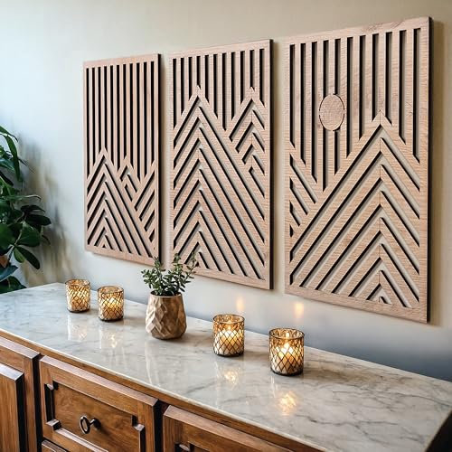 qmmp Moderne Wandskulpturen aus Holz, 3er-Set, MDF, Eiche, Heimdekor-Akzent, große Wandkunst für Wohnzimmer, Schlafzimmer, Büro, einfache Installation (Eiche, groß – Berg und Sonne, ungerahmt)