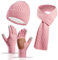 INQUIRLLY Damen Winter Warm Mütze Touchscreen Handschuhe und Lang Schal Set, Thermo Wintermütze Strickmütze Beanie Winterhandschuhe Strickhandschuhe Schals Frauen Geschenk Weihnachten（Rosa）