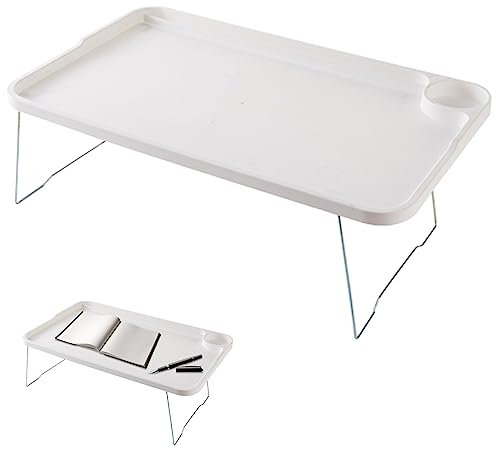 Lap Desk with Leg Folding Laptop Bed Table Lazy Simple Laptop Tray for Bed with Cup Holder and Card Slot Foldable Desk for Breakfast Student White