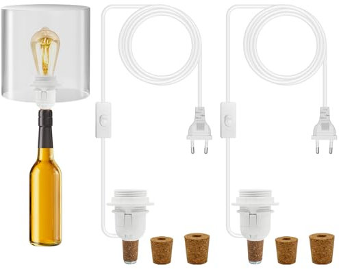 LAKONEI E27 Portalampada per Bottiglia con Interruttore e Cavo 2.4M, Bottle Lamp Kit Portalampada E27 Adattatore, Bottle Lamp Kit per Lampade Fai da Te Bottiglia Bianco 2 pezzi