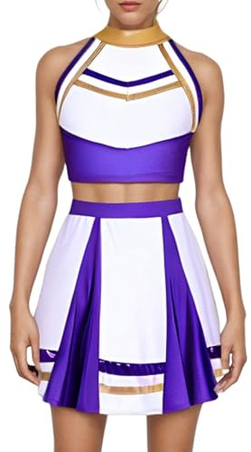 Odizli Cheerleader Kostüm Damen Metallic Neckholder Crop Top + Mini Rock Halloween Karneval Outfit