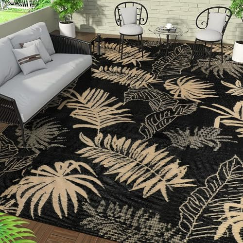Falflor Large Outdoor Rugs for Patios Waterproof 270X365cm Reversible Rug UV Resistant Picnic Blanket Foldable Outdoor Mat for Garden Camping Deck RV Backyard Picnic(Black with Tan)