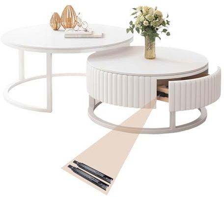 Blanche Table Basse Salon Ronde Table Basse Lot De 2 Table Basse Gigogne Avec Tiroir De Rangement Marbre Table De Salon Moderne Table Salon Basse Cadre Robuste En Métal Table D'appoint 50+70cm
