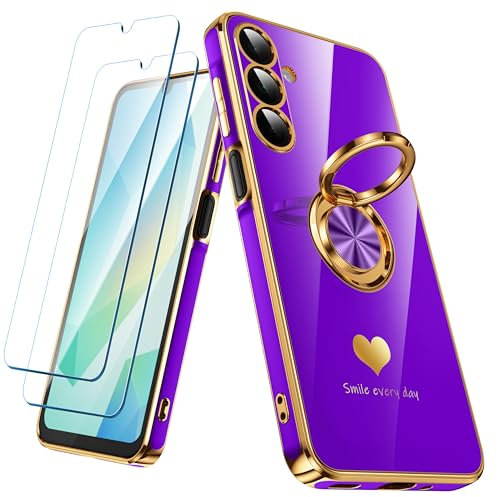 Nonional for Samsung Galaxy A16 5G/4G Case with 2 Pack Screen Protector, 360° Rotatable Ring Holder [Luxury Hearts Pattern] Plating Gold Edge Slim Soft Phone Cover Case for Galaxy A16 - Neon Purple
