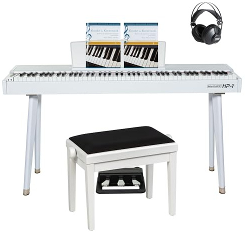 keymaXX HP-1 E-Piano Set 88 Tasten Hammermechanik, Klavierbank, Kopfhörer, Notensammlung, USB MIDI, Pedal, Netzteil, Weiß