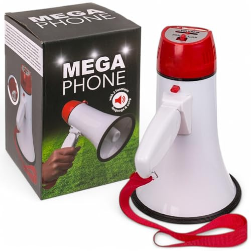 MIJOMA Megafon mit Sprach- & Songfunktion – 5 Watt Lautsprecher – Handliches Fan-Megafon für Stadion, Sportevents & Demos – Mit Umhängegurt – Batteriebetrieben (4X C, Nicht enthalten)