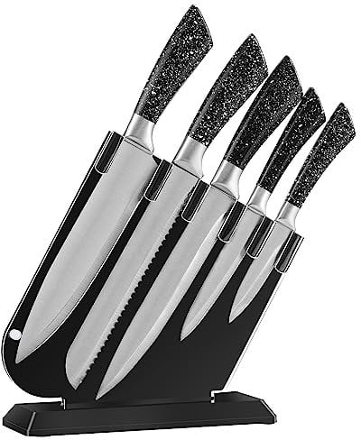 Rapctks Sharp Kitchen Knife Set with Acrylic Block - 5 Pieces Professional Stainless Steel Blades - Durable Knives Sets - Includes Chefs, Bread, Slicing, Utility, Paring Knife