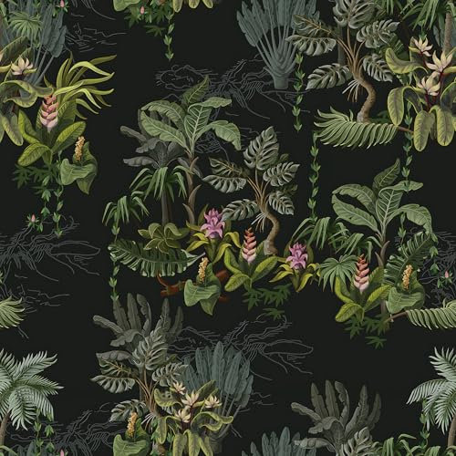 Timeet Botanische Selbstklebende Tapete Schwarz 41x1000cm Möbelfolie Selbstklebend Grüne Tropische Pflanze Blätter Tapete Vinyl Wasserdicht Klebetapete für Schlafzimmer Wohnzimmer Küche Wand Möbel
