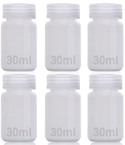 DKBT 6 Stück Weithalsflasche Kunststoff Flasche 30ml Leere Laborflasche Auslaufsicher Durchscheinend aus HDPE-Flasche mit Breiter Öffnung für Pillenflaschen Wasserprobenflaschen