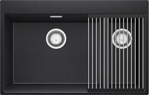 PRIMAGRAN Fregadero Cocina Grafito 78x50cm, Granito 2 Senos + Sifón + Enrollable Escurridor, Sobre encimera al mueble 80cm - Oslo Duo S021