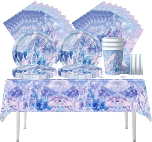 Fuwraixis Castello di ghiaccio Stoviglie per feste, 61 pezzi Frozen Stoviglie per compleanni per bambini, Fiocchi di neve Set di piatti di carta per feste, Compresi bicchieri, tovaglioli e tovaglie