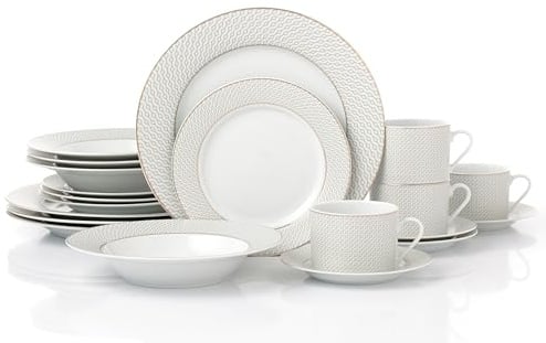 Waterside 20pc Premium Diamond Decor with Gold Band Porcelain Dinnerware Set; 4 Dinner Plates, 4 Side Plates, 4 Soup Bowls and 4 Cups & Saucers