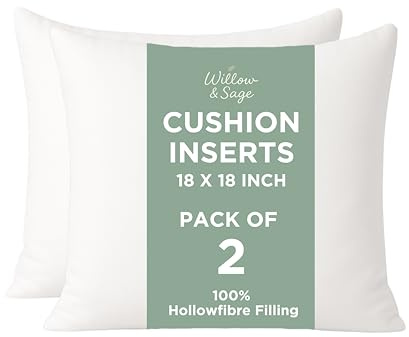 Willow & Sage Cushion Inserts 45cm x 45cm (18x18) – Hypoallergenic Hollow Fibre Cushion Pads with Polypropylene Covers – White Square Pillow Stuffers for Sofa & Bedroom (Pack of 2)