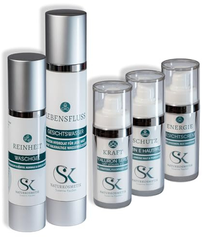 SK Naturkosmetik Produkt-Bundle für jede Haut – 5-teiliges Hautpflege-Set mit Waschgel, Gesichtswasser, Hyaluron Serum, Vitamin E Konzentrat & Q10 Gesichtscreme | Naturkosmetik mit Vollmondquellwasser