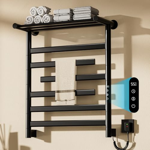 Sèche-Serviette Electrique avec Lagerregal, 360W Porte-Serviettes Chauffant Salle de Bain Mural, 5 Barres (3 Barres pivotantes 180°), Température Réglable 30–70 °C, Contrôle Tactile, IPX4, Noir