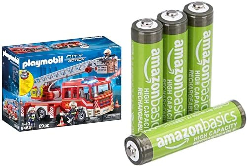 PLAYMOBIL Feuerwehr-Leiterfahrzeug, Licht & Sound, 5+ Jahre, 9463, & AAA Akkus Amazon Basics 4 Stück, 850mAh