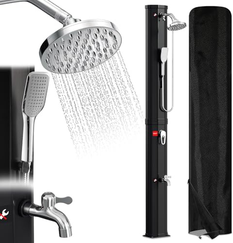 Peviasot Solardusche 60L Solar Gartendusche warmes Wasser Bis Zu 60°C Ohne Stromanschluss Pooldusche Camping mit Handbrause und schwenkbarem Regenduschkopf inkl. Montagematerial Schutzhülle