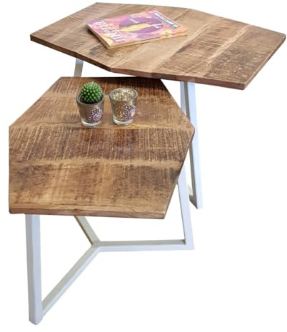 Amago home 2er-Set sechseckige Couchtische München aus massivem Mangoholz & Eisen – Industrial Style