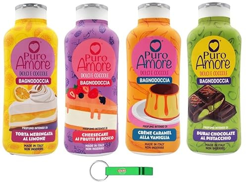 Puro Amore Lot de 4 flacons de gel douche Dolci e Coccole Bagnodoccia 4 parfums différents + porte-clés Beni Culinari