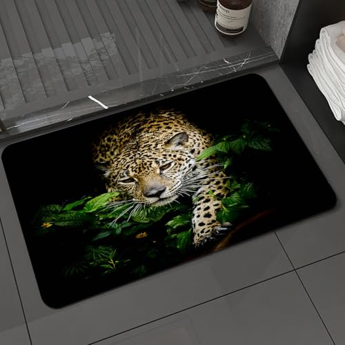 DALEXHM Badteppich rutschfeste,weicher Badezimmerteppich Wasserabsorbierend Badematte Badvorleger für Dusche,Leopard – Wildtier-Safari – 3D-Leopard im Wald – Grüne Blätter und Blumen – Lebend,60x100cm