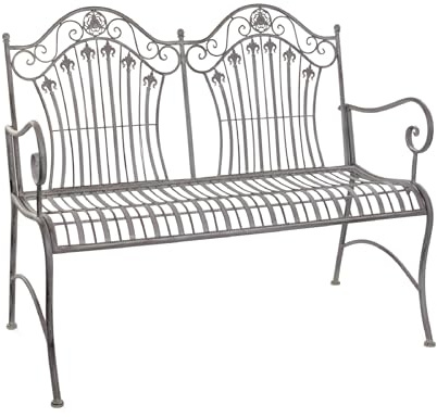 Moritz Gartenbank 113 cm Metall Altgrau - 2-Sitzer Sitzbank mit filigranen Lilien-Verzierungen im Shabby-Chic Landhausstil - wetterfest für Garten Terrasse und Balkon