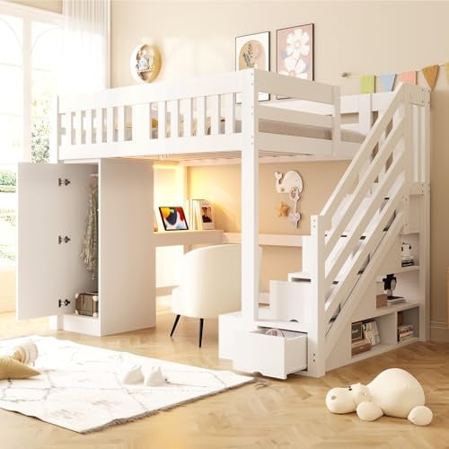 Merax Hochbett Holzbett 140x200 cm mit Treppenstauraum, Schreibtisch & Euro-Steckdose, LED-Lichtleiste, Kleiderschrank, Aufbewahrungsbank – Weiß (Ohne Matratze)