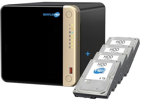SIMPLETEK - NAS Professionale a 4 Vani - 4x HDD 4TB - Quad-Core 2.0GHz - 8GB RAM (Max 16GB) - 2 Slot M.2 NVMe - Slot PCIe - 2.5GbE - HDMI (Ricondizionato)
