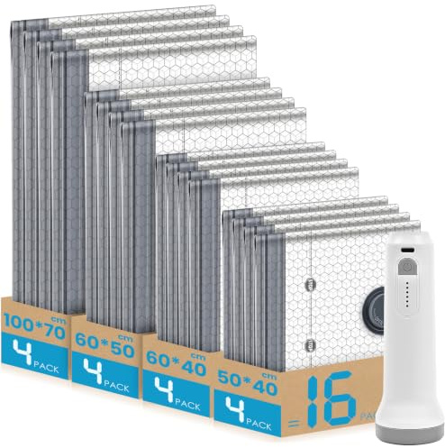 Sacchetti Sottovuoto Vestiti Piumoni con Pompa Senza Fili, 16 Pezzi | 4 Misure Diverse, Risparmia l'80% di Spazio, Per Viaggi e Campeggio, Organizer Valigia, 40x50+40x60+50x60+70x100cm