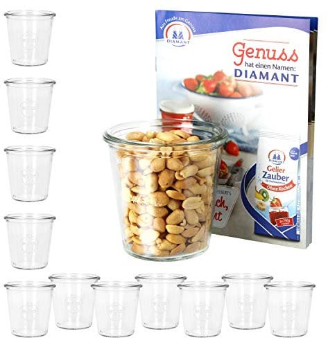 MamboCat 12er Set Weckgläser Sturzglas 290 ml I Original Weck Sturzgläser Dessertglas I Einweckgläser für Kuchen Gelees UVM I Einmachglas ohne Deckel inkl. Diamant-Zucker Gelierzauber Rezeptheft
