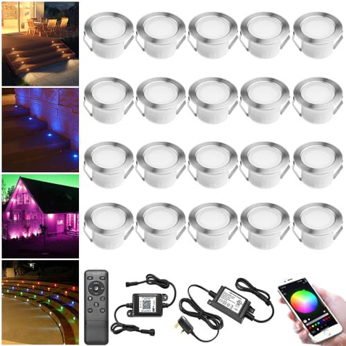 GEYUEYA Home Decking Lights RGB Ø45MM 12V 0.5W WiFi APP Phone Control Color Change LED Decking Patio Lighting for Steps Stair Terrace Kitchen Outdoor Indoor Lamps with Remote Controller - 20 Packs