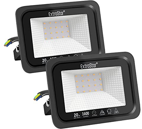 EXTRASTAR 20W LED Strahler Außen 2 Stücke,1600LM 3000K Warmweiß Superhell Außenstrahler, IP65 Wasserdicht LED Fluter, Außenlampe für Garten, Innenhöfe, Garage, Hotel, Sportplatz