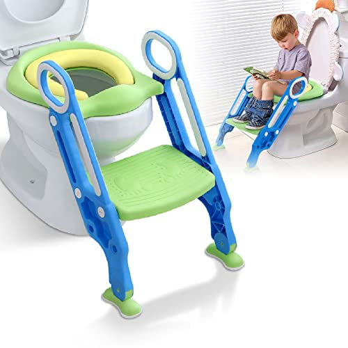 LARS360 Kinder Faltbar Toilettentrainer mit Leiter, Treppe, Griffe, Höhenverstellbar Kinder-Töpfchen Toilettensitz, Grün Kindertoilette Töpfchentrainer zum Toilettentraining für 1-7 Jähr Kleinkinder