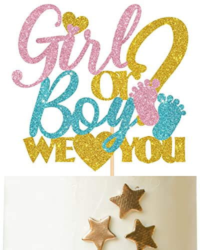 Boy or Girl We Love You Cake Topper, Pink or Blue Cake Decor Gender Reveal Party Decorations, Baby Shower Cake Decorations Supplies
