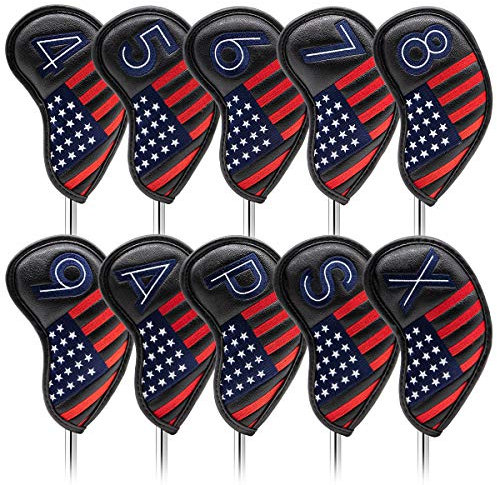 Patriotismus Golfschlägerhauben aus schwarzem Leder, Schlägerhauben-Set, Reb weiß / blau, amerikanische Flagge, Stil für Golfschläger, 10 Stück Golfschläger-Schutz für Taylormade, Mizuno, Ping