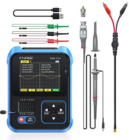 FNIRSI Oscilloscopio DSO-TC3 – Oscilloscopio portatile 3 in 1 e generatore di segnale DDS e tester transistor, larghezza di banda 500 kHz, frequenza di campionamento 10 MSa/s, 6 tipi di forme d'onda,