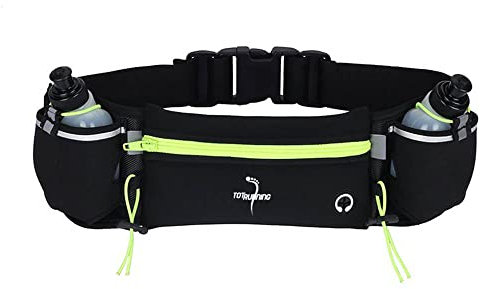 Cintura da corsa regolabile con borsa con cerniera, 2 bottiglie di idratazione, 2 elastici multipli uso e portatore. (nero giallo)