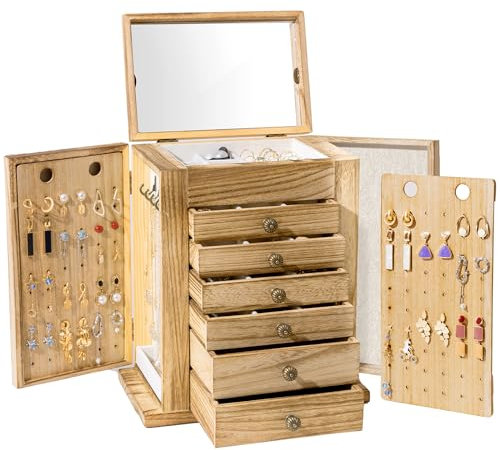 ProCase Portagioie Donna Ragazza Grande, Scatola Porta Gioielli in Legno, Portagioie Cofanetto Jewelry Organizer per Gioielli Orecchini Anelli Braccialetti Collane - Naturale/L