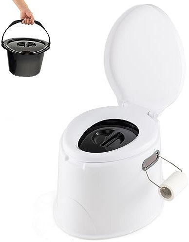 COSTWAY Toilette Sèche Portable Extérieure 5L avec Seau Intérieur et Porte-Papier Amovible pour Camping, Randonnée, Charge Max 200 kg (Blanc)