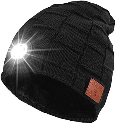 COTOP Mütze mit Licht Bluetooth, Aufladbar Haube mit Stirnlampe und Kopfhörer, Herren für Weihnachten