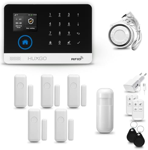 HUXGO® HXA003 Alarmas para casa hogar WiFi + gsm 4G con Sirena | Kit Alarma inalámbrico con 1x Sensor de Movimiento, 5X alarmas de Puerta/Ventana | Alarma Tuya Smart Life