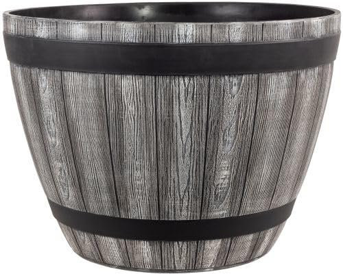 Muddy Hands Grey Wooden Barrel Effect Plant Pot Round Outdoor Garden Flower Tree Plastic Planter (Diameter: 51.5cm - Height: 38cm)