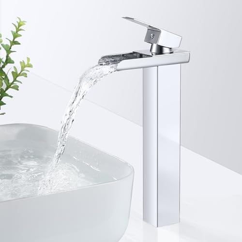 Robinet Salle de Bain Haut, Bevankly Mitigeur Lavabo Salle de Bain pour Vasque, Robinet Cascade Lavabo en Laiton, Mitigeur avec Raccordement Eau Froide/Chaud, Chromé, Argent