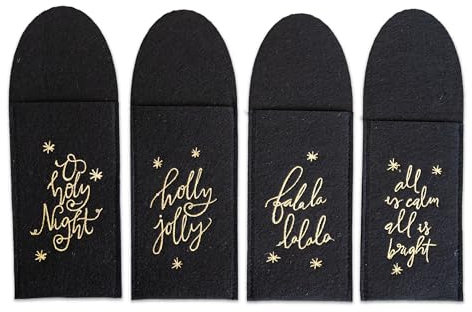 Papierdrachen Bestecktaschen Weihnachten 2025-4 Stück - Filz - Schwarz-Gold - mit hochwertiger Stickerei - edle Besteckhalter für den Weihnachtstisch