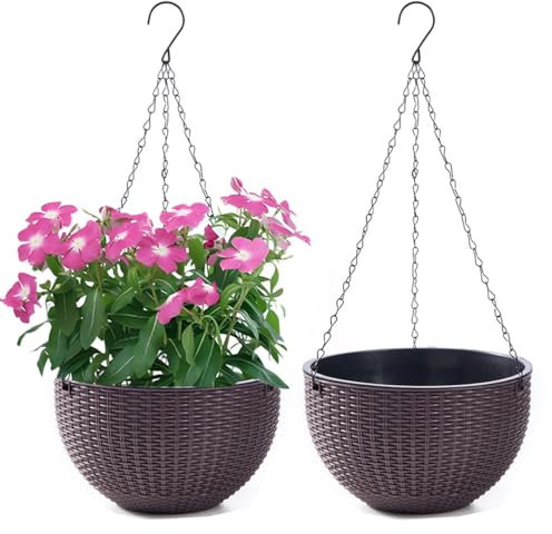WOWEI 2 Piezas Macetas Colgantes para Plantas con Almacenamiento de Agua y Orificio de Drenaje Macetas de Autorriego Cesta Colgante Flores Suculentas Con Cadenas Inoxidables (Marrón, L)
