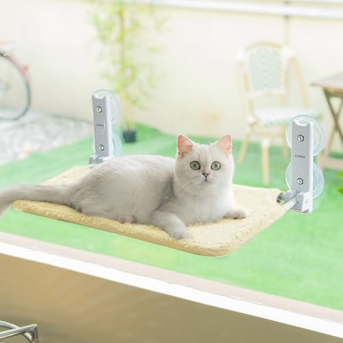 CATISM Foldable Cat Window Hammock, 52×30cm Reinforced Cat Window Bed with Suction Cup, Sturdy Cat Window Perch for Glass Windows and Interior Walls (Beige)