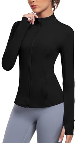 Zyrulix Sportliche Damen-Workout-Jacke mit durchgehendem Reißverschluss, leicht, mit Taschen, Laufen, Yoga, Sportbekleidung mit Daumenlöchern, Schwarz, S